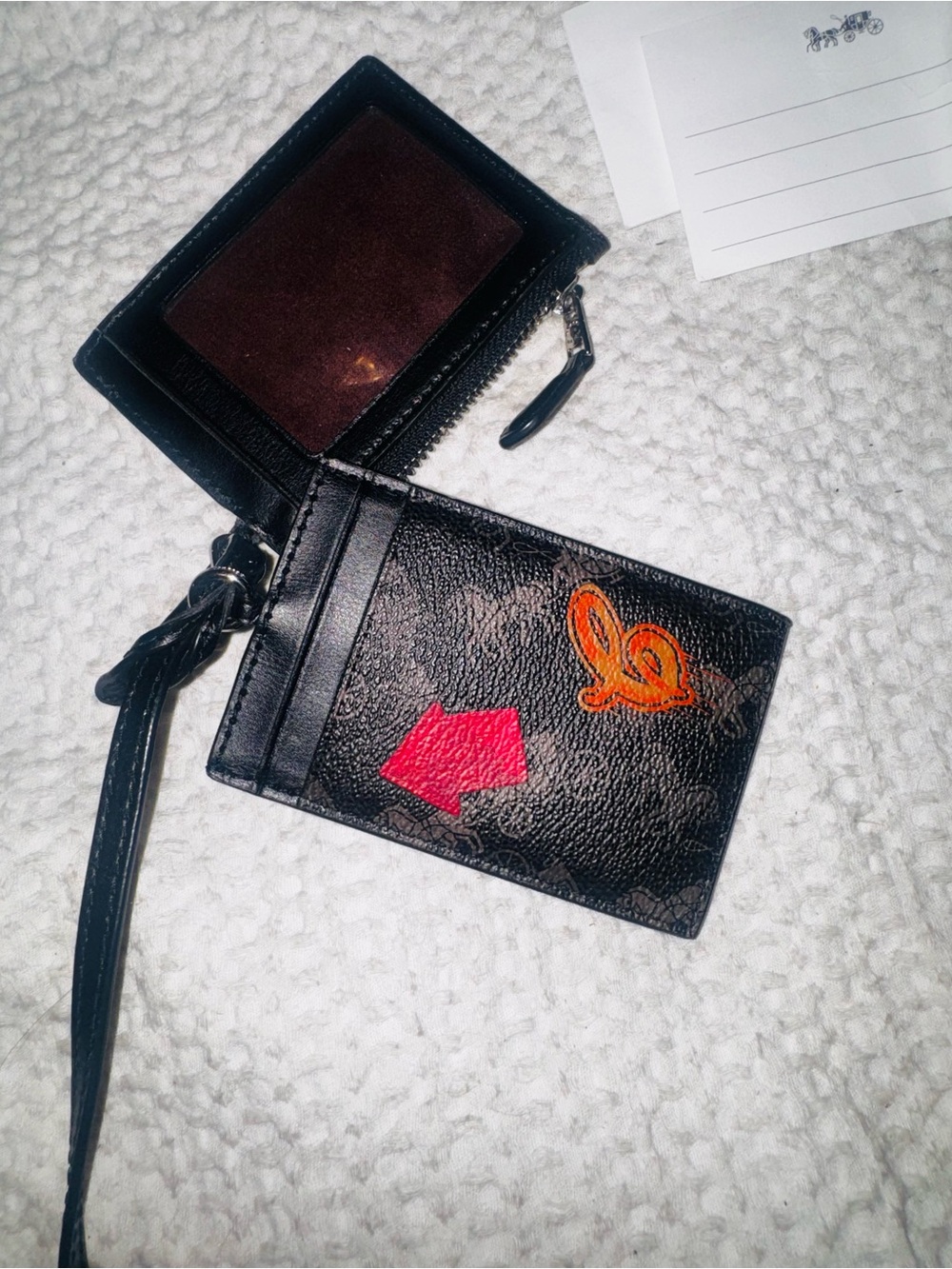 Coach Black carriage Leather Card Holder lanyard W/ Red and Orange Accents.Rare!